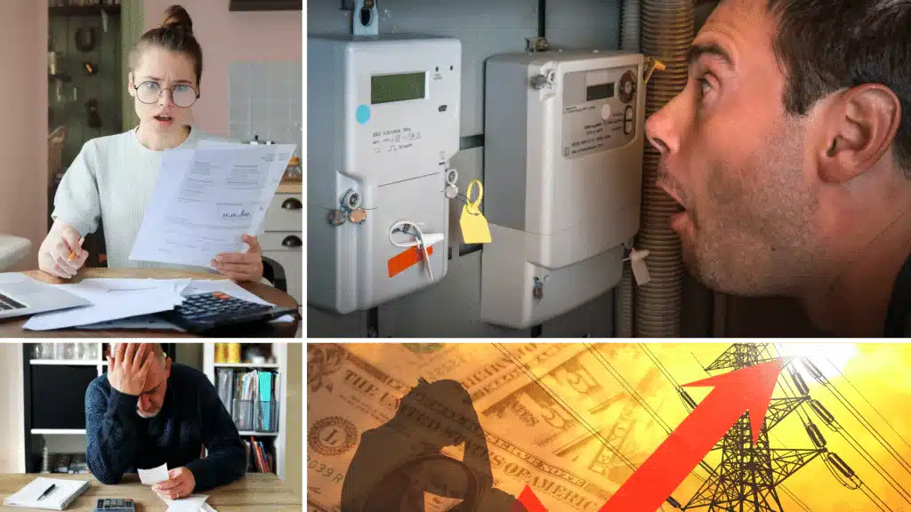 montage of people looking at bills